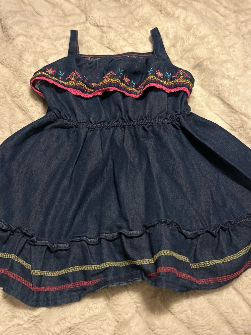 Y2K Girls Dark Blue Denim Dress with Pink Embroidery